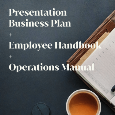 A planner and a cup of coffee on a dark grey background with Presentation Business Plan + Employee Handbook + Operations Manual text over the top.